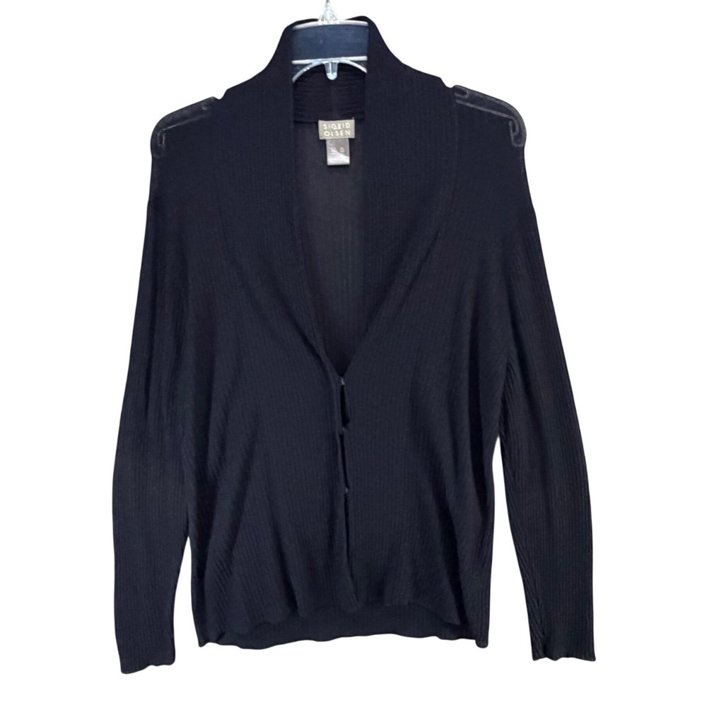 Sigrid Olsen Rib Knit Cardigan Sweater Womens XL Blue Shawl Collar Lightweight